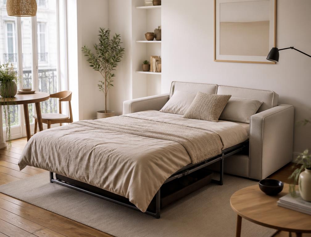 Sofá-cama aberto em sala compacta